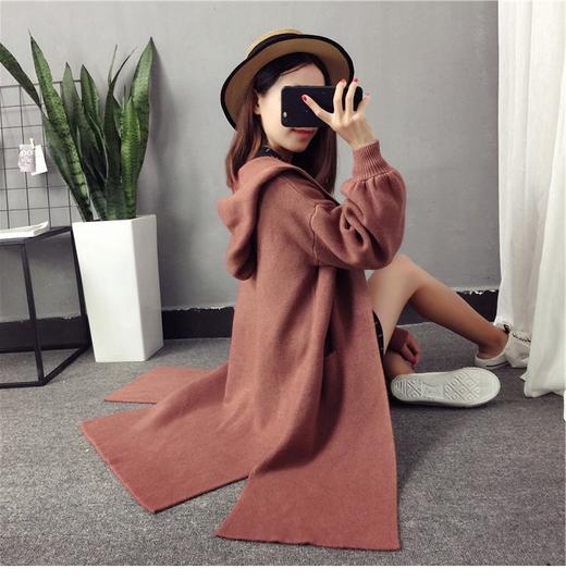 【服饰鞋包】秋冬新款韩版女装加厚连帽纯色灯笼袖长款针织开衫外套毛衣女 商品图4