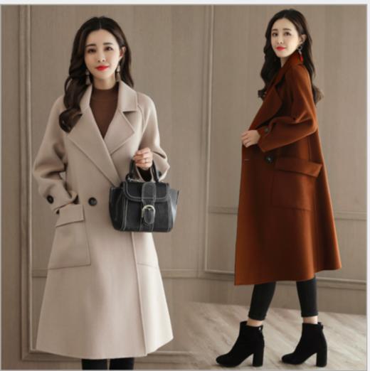 CQOXN6899长袖双排扣纯色中长款毛呢外套 商品图0