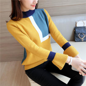 【服饰鞋包】女秋冬新品韩版女装喇叭袖半高领拼色打底衫外套女潮