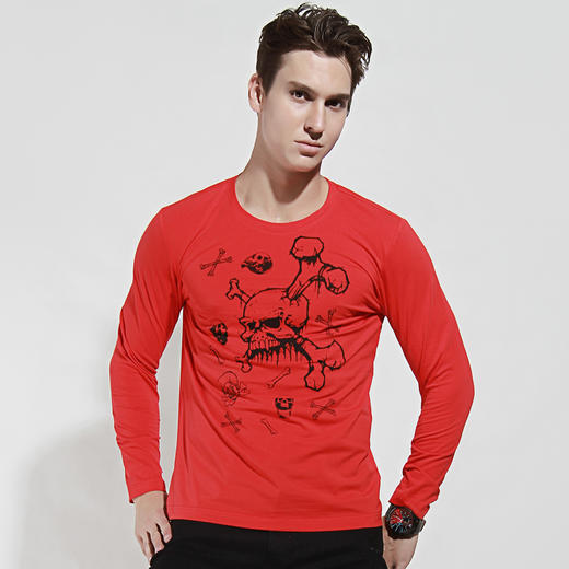 【19.9元1件】自由基地男柔软圆领长袖T恤青少年t恤棉嘻哈男骷髅印花打底衫 商品图1