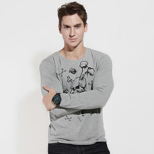 【19.9元1件】自由基地男柔软圆领长袖T恤青少年t恤棉嘻哈男骷髅印花打底衫 商品图2