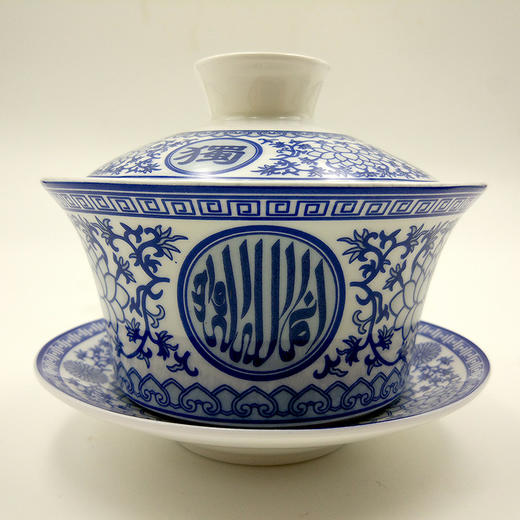 青花优质骨瓷盖碗，四只套装 ，新月穆斯林瓷器 商品图0