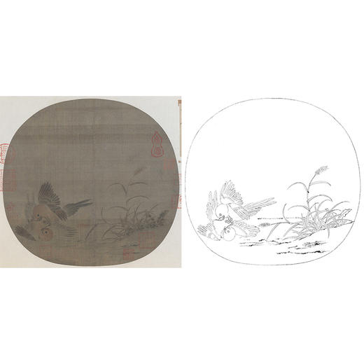 宋画花鸟小品白描底稿-佚名-《斗雀图》-多种白描尺寸可选 -GH53 商品图0