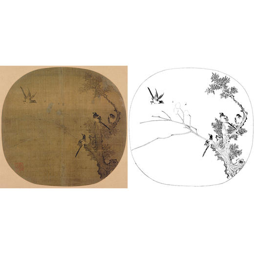 宋画花鸟小品白描底稿-佚名-《古柏归禽图》-多种白描尺寸可选 -GH54 商品图0