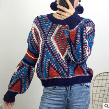 【服饰鞋包】 年秋冬宽松几何撞色灯笼袖民族风圆领毛衣针织衫 商品图1