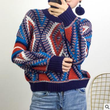 【服饰鞋包】 年秋冬宽松几何撞色灯笼袖民族风圆领毛衣针织衫 商品图3