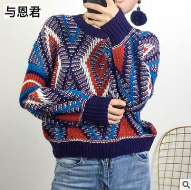 【服饰鞋包】 年秋冬宽松几何撞色灯笼袖民族风圆领毛衣针织衫 商品图2