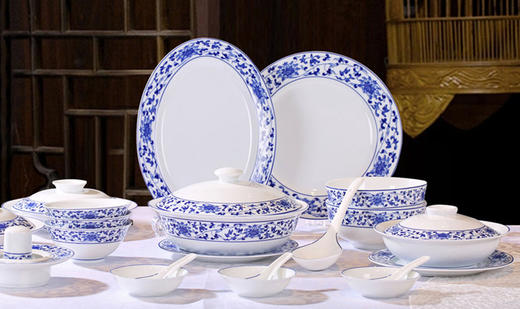 景德镇陶瓷 国瓷红叶 62头国韵牡丹中餐具 商品图0