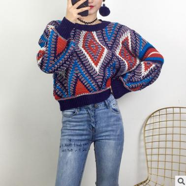 【服饰鞋包】 年秋冬宽松几何撞色灯笼袖民族风圆领毛衣针织衫 商品图5