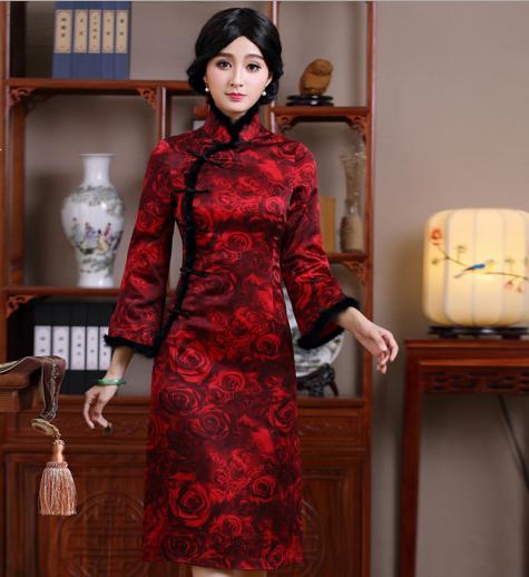 QC1697230  真丝旗袍加厚保暖夹棉毛领 商品图0