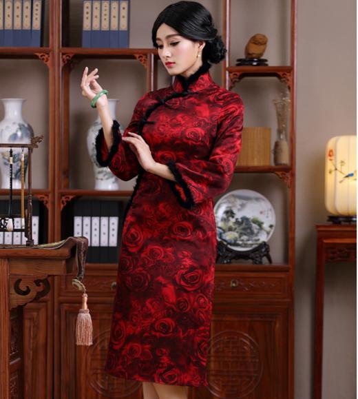 QC1697230  真丝旗袍加厚保暖夹棉毛领 商品图1