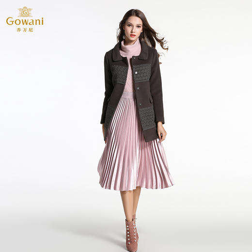 乔万尼冬季毛呢外套女时尚撞色修身中长款单排扣羊毛呢子大衣E144A863 商品图1