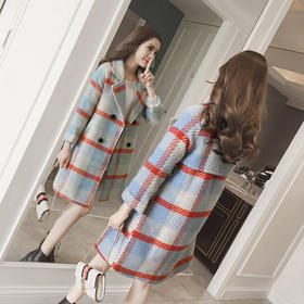 【女士外套】冬装新款韩版中长款宽松格子过膝呢子外套女潮