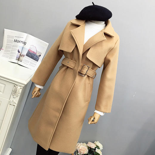 【女士外套】。冬季韩版修身纯色收腰长款毛呢外套气质显瘦假两件呢子大衣女 商品图0