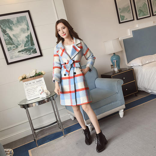 【女士外套】冬装新款韩版中长款宽松格子过膝呢子外套女潮 商品图3