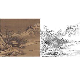 宋画山水白描底稿-斗方小品册页-夏圭《雪堂客话图》-多种白描尺寸可选-GS09