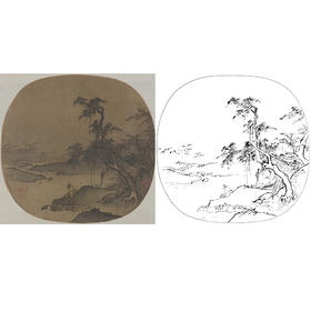宋画山水人物小品白描底稿-夏圭（传）-《临流抚琴图》-多种白描尺寸可选-GS32
