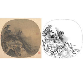 宋画山水人物小品白描底稿-马远 《观瀑图》-多种白描尺寸可选-GS17