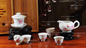 景德镇陶瓷 国瓷红叶 手绘功夫茶具(竹质茶海)水点桃花