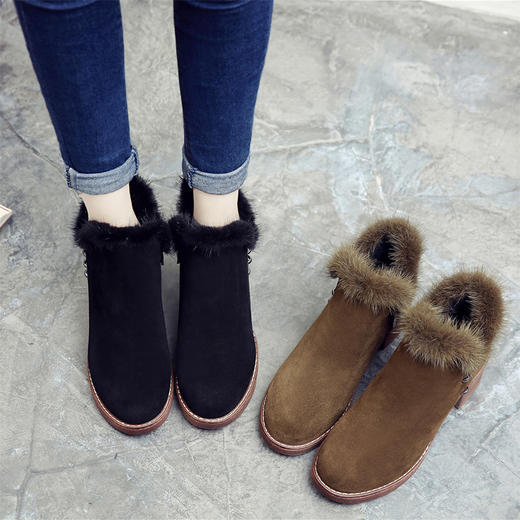 【女士短靴】冬季新款加绒短靴女高跟棉靴英伦风复古粗跟毛毛马丁靴子 商品图3