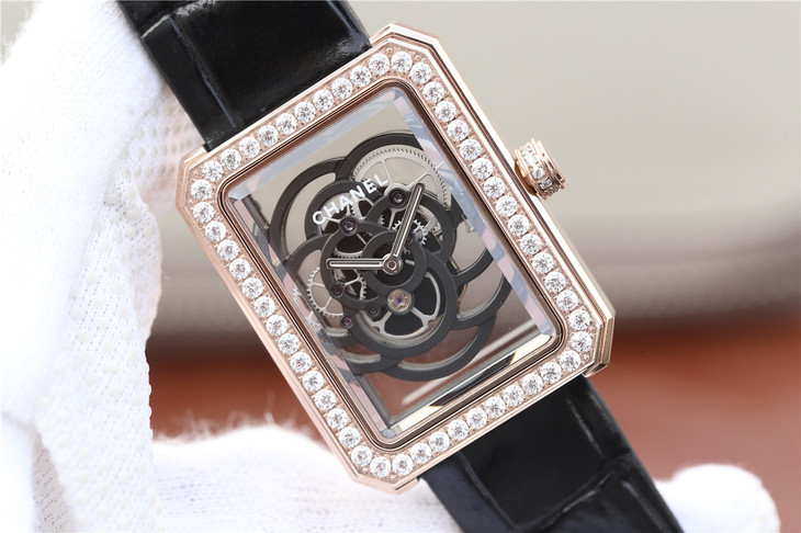 山茶花镂空女士机械腕表calibre2手动机械机芯女士手表皮表带镂空直径