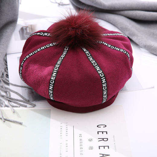 【贝雷帽】日系蓓蕾帽冬季毛呢时尚南瓜帽 英伦复古潮毛球英文字帽子 商品图4