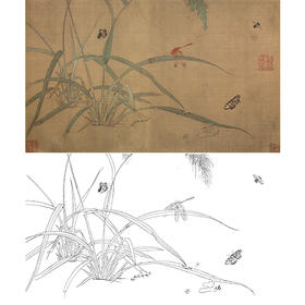 横幅宋画草虫小品白描底稿-吴炳嘉《禾草虫图》-多种白描尺寸可选-GR15