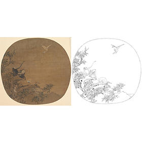 宋画动物小品白描底稿-易元吉（传）-《猿鹭图》-多种白描尺寸可选-GR05