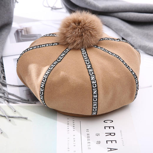 【贝雷帽】日系蓓蕾帽冬季毛呢时尚南瓜帽 英伦复古潮毛球英文字帽子 商品图1