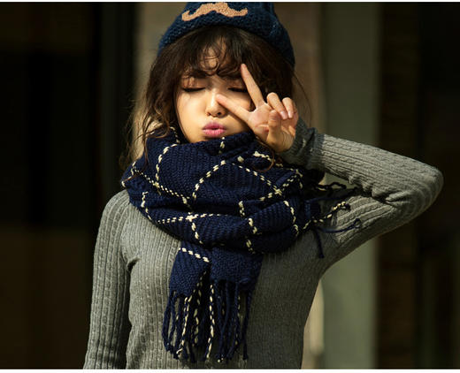 【围巾】桐庐时尚围巾秋冬韩版格子粗毛线情侣围巾加厚流苏围脖披肩两用 商品图2