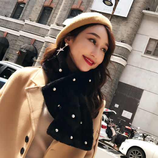 【围巾】新款冬季韩版加厚仿兔毛围脖女 学生保暖交叉毛领珍珠围巾 商品图4