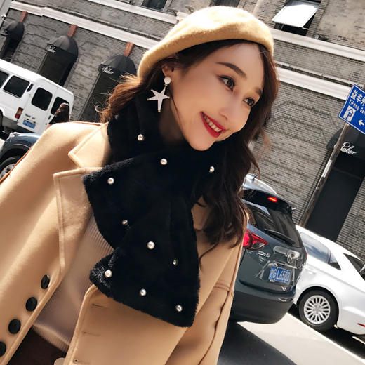 【围巾】新款冬季韩版加厚仿兔毛围脖女 学生保暖交叉毛领珍珠围巾 商品图3