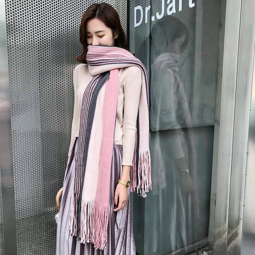 【围巾女】秋冬新款韩版时尚大小条纹拼色毛线围巾仿羊绒流苏保暖披肩女 商品图4