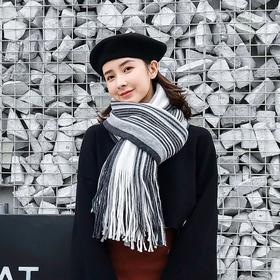 【围巾女】秋冬新款韩版时尚大小条纹拼色毛线围巾仿羊绒流苏保暖披肩女