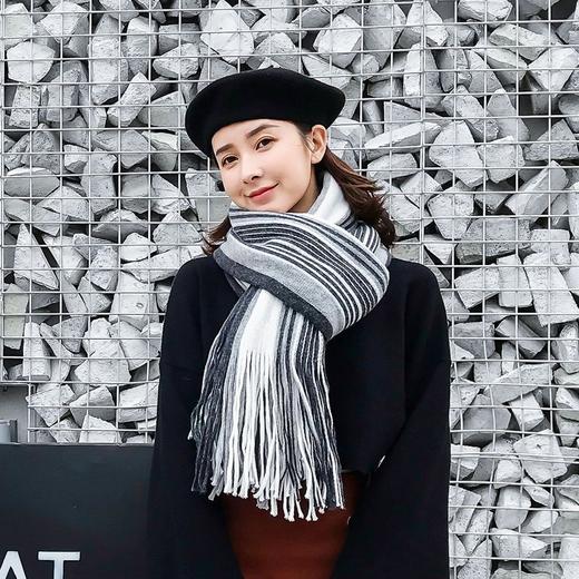 【围巾女】秋冬新款韩版时尚大小条纹拼色毛线围巾仿羊绒流苏保暖披肩女 商品图0
