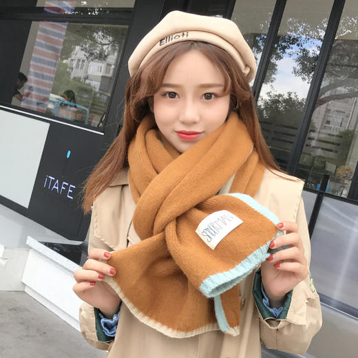 【围巾女】*针织毛线围巾 纯色贴标拼色围脖加厚保暖围巾情侣百搭女 商品图0