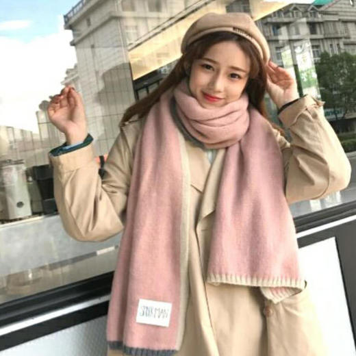【围巾女】*针织毛线围巾 纯色贴标拼色围脖加厚保暖围巾情侣百搭女 商品图4