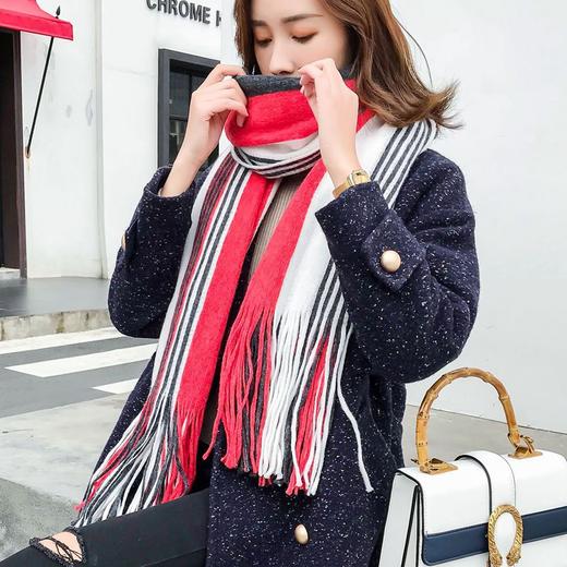 【围巾女】秋冬新款韩版时尚大小条纹拼色毛线围巾仿羊绒流苏保暖披肩女 商品图2