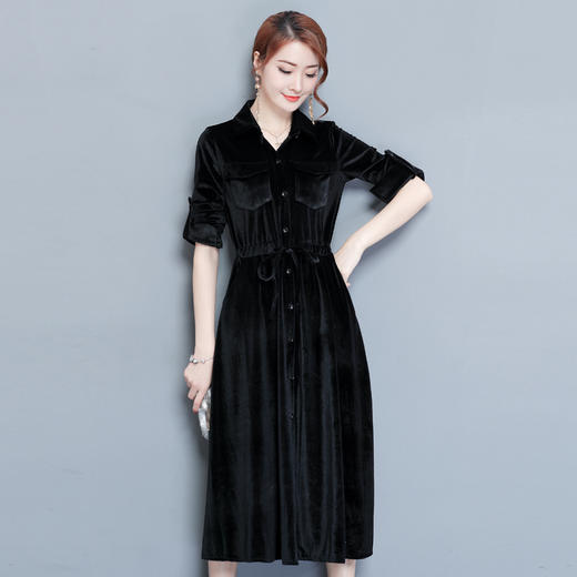 寒冰紫雨欧洲站长袖丝绒连衣裙初秋冬装女装修身显瘦中长款金丝绒