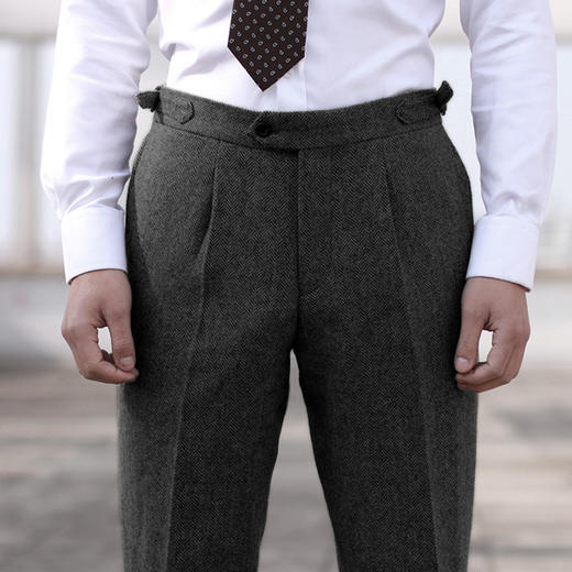 男士深灰色/浅灰棕假三扣Dugdale Bros & Co粗呢粗纺西裤 商品图0