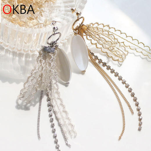 OKBA60053韩国饰品蝴蝶结蕾丝耳环亮钻流苏耳钉包邮 商品图0