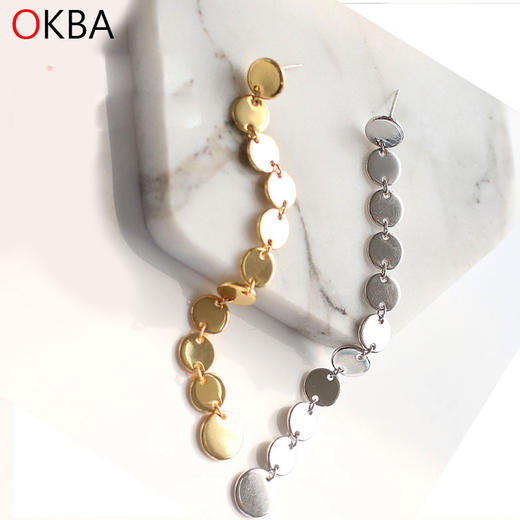 OKBA60027韩国饰品简单圆片流苏耳钉925银针鳞片金属亮片耳环包邮 商品图0
