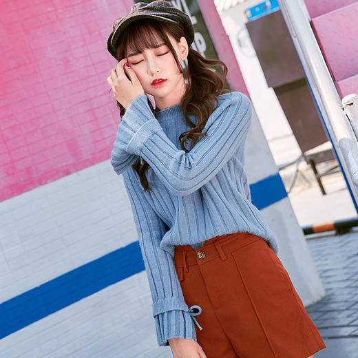 【毛衣】秋冬新款韩版纯色气质喇叭袖长袖套头针织衫女 商品图3