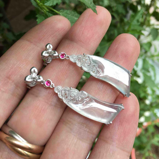 翡翠高冰种飘花耳坠18k白金镶嵌 商品图7