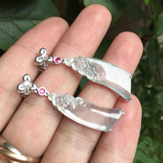 翡翠高冰种飘花耳坠18k白金镶嵌 商品图8