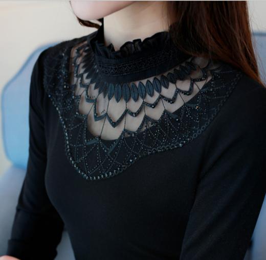 【女士上衣】秋冬新款大码女装百搭半高领长袖加绒加厚保暖打底衫蕾丝上衣 商品图4