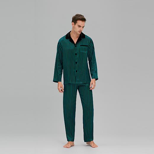 MANITO 男士条纹丝绒睡衣套装 绿黑条纹 商品图7
