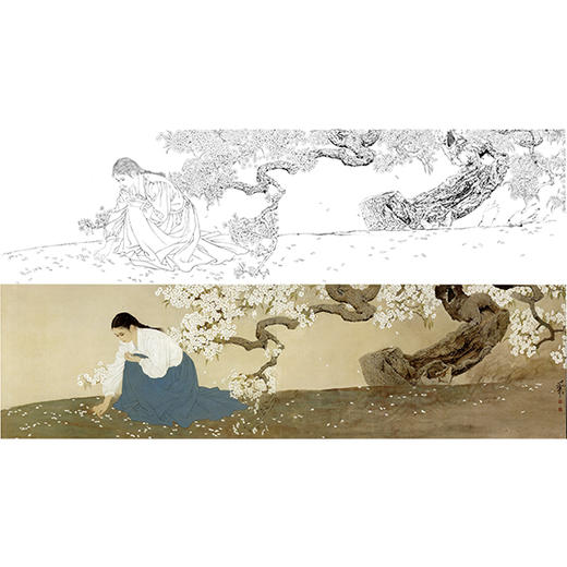 何家英横幅工笔现代人物白描底稿《落英》-多种白描尺寸可选-ZV22 商品图0