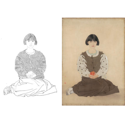 何家英竖幅工笔现代人物白描底稿红苹果多种白描尺寸可选zv15