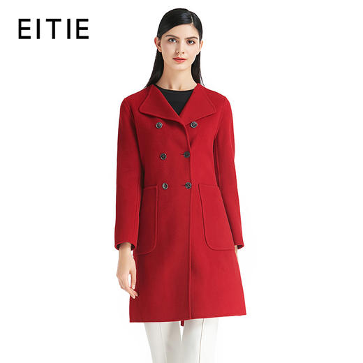 EITIE爱特爱女装秋冬通勤中长款修身双排扣纯色毛呢外套5514201 商品图1